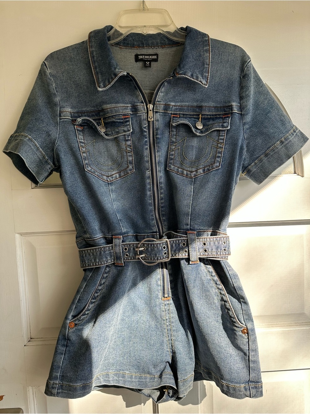 NWOT True Religion Blue Denim Romper with Belt - Picture 2 of 9